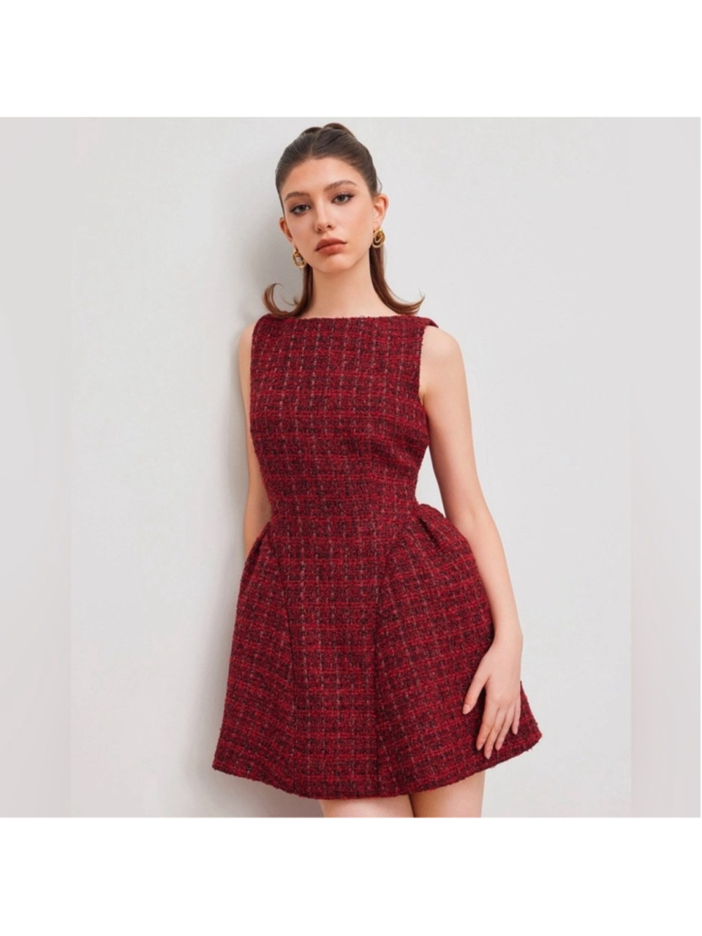 Cider TWEED BOAT NECK ZIPPER RUFFLE MINI DRESS L CM6-2